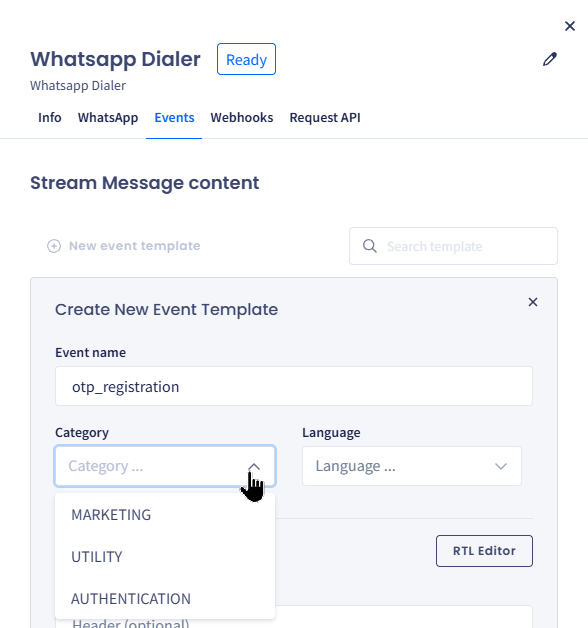 Screenshot with selecting stream message category
