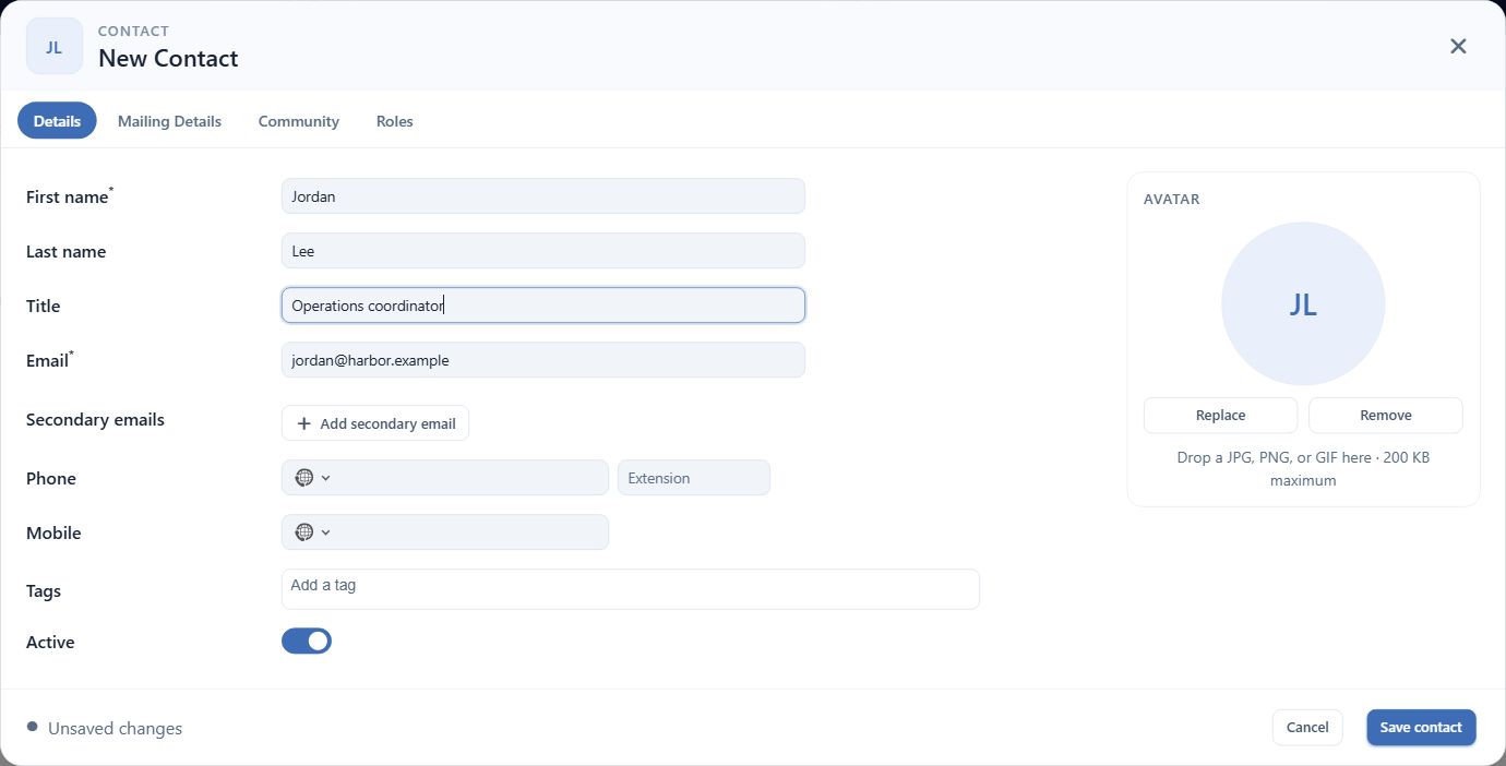 Unsaved fictional Jordan Lee contact, opened from Harbor Manufacturing’s Contacts tab.