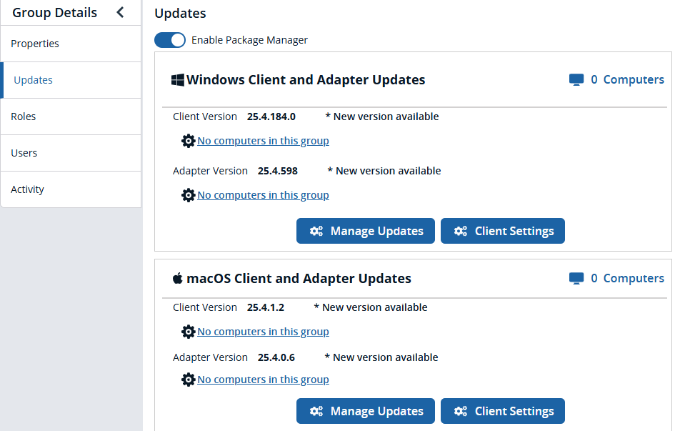 The Updates page in EPM where you can manage versions of clients and adapters.