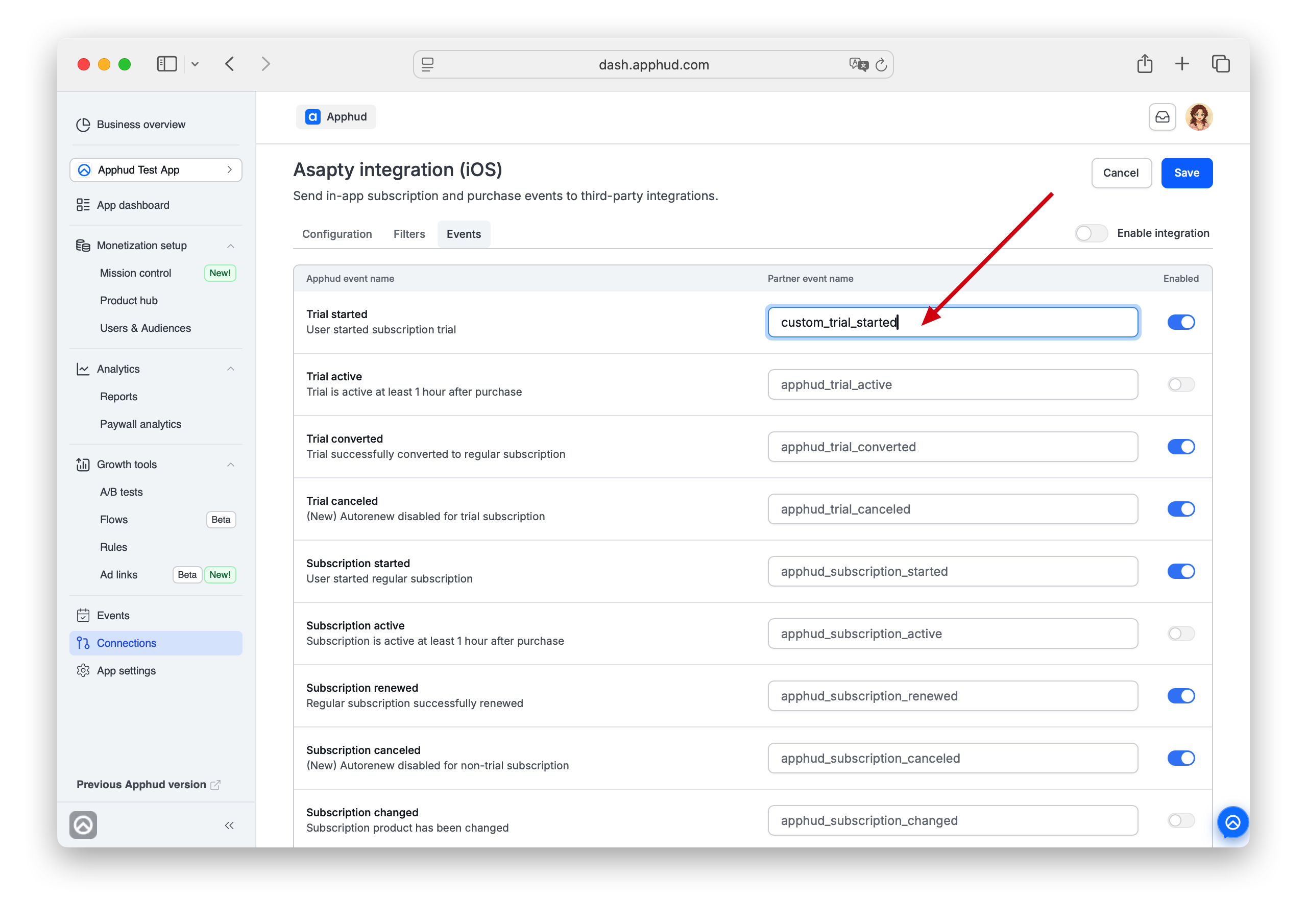 Apphud - Asapty events configuration