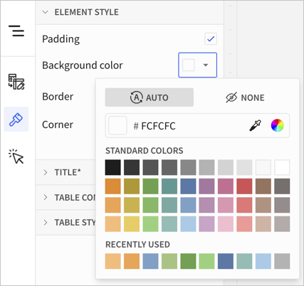 Background color dropdown open, showing Auto, None, Hex code, eyedropper, and color palette color options.