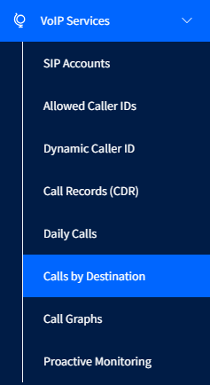 Screenshot of the Calls by Destination in the main menu