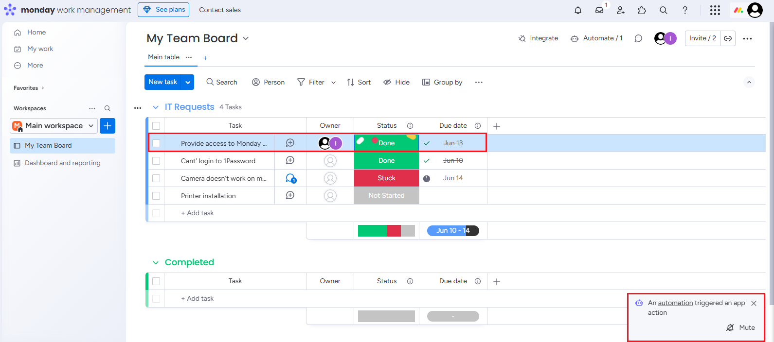 Screenshot of the app action triggered