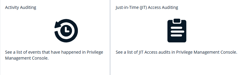 Activity tiles on the landing page include JIT access auditing and activity auditing