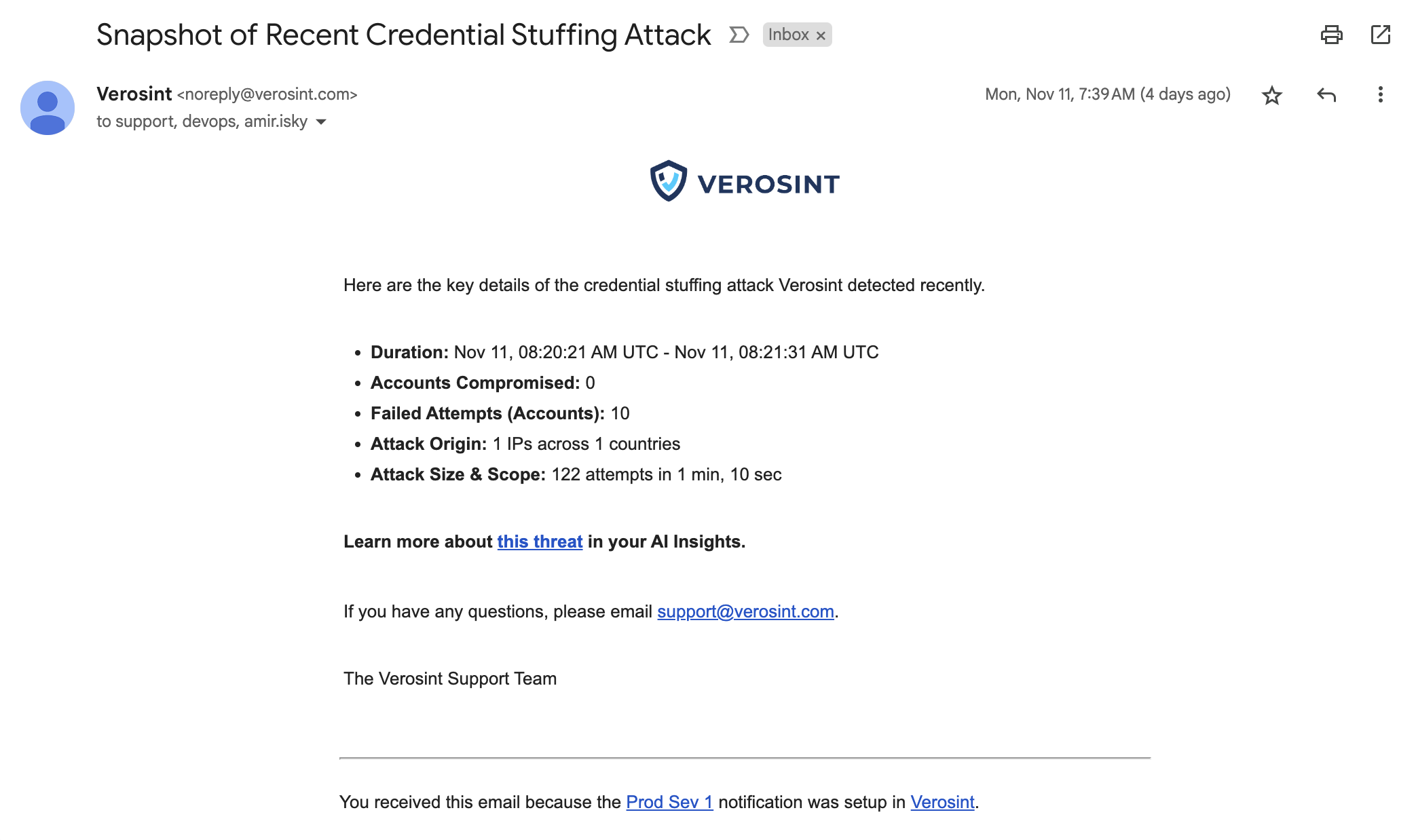 Example credential stuffing attack email notification