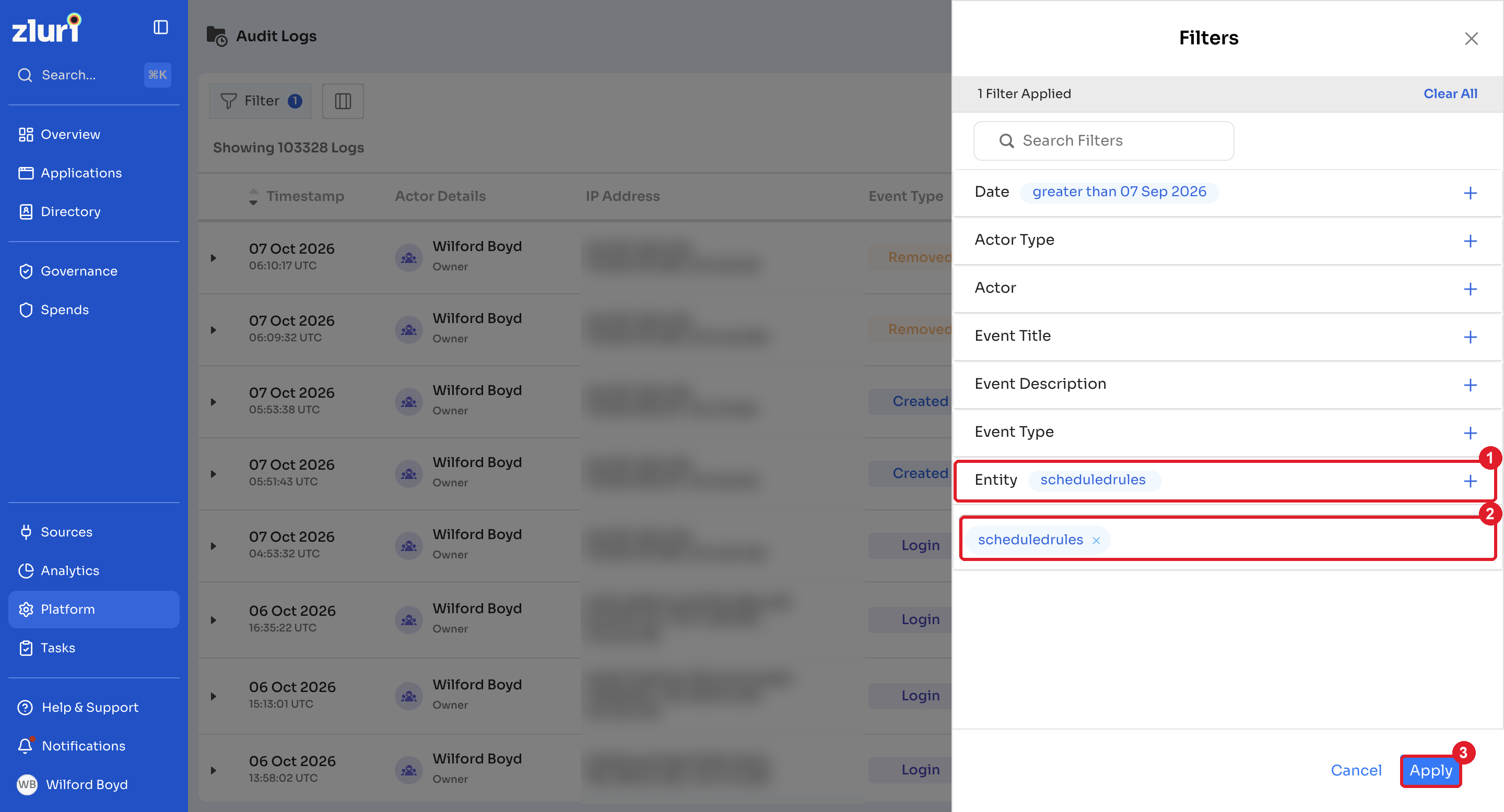 Filters panel with Entity set to scheduledrules