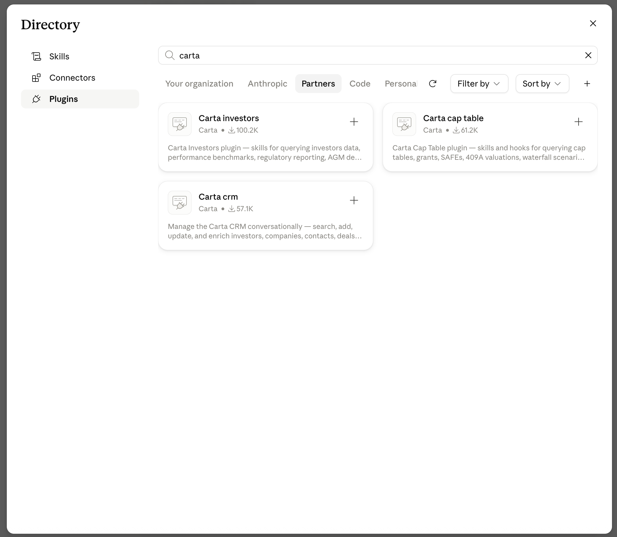 The Claude plugin directory showing search results for "Carta" under the Partners tab, with Carta investors, Carta cap table, and Carta crm listed