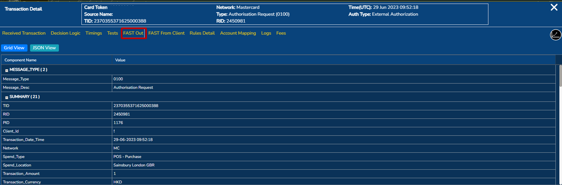 Transaction screen: FAST out
