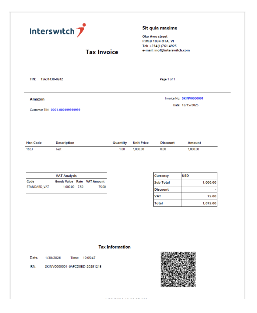 Sample FIRS-compliant Tax Invoice