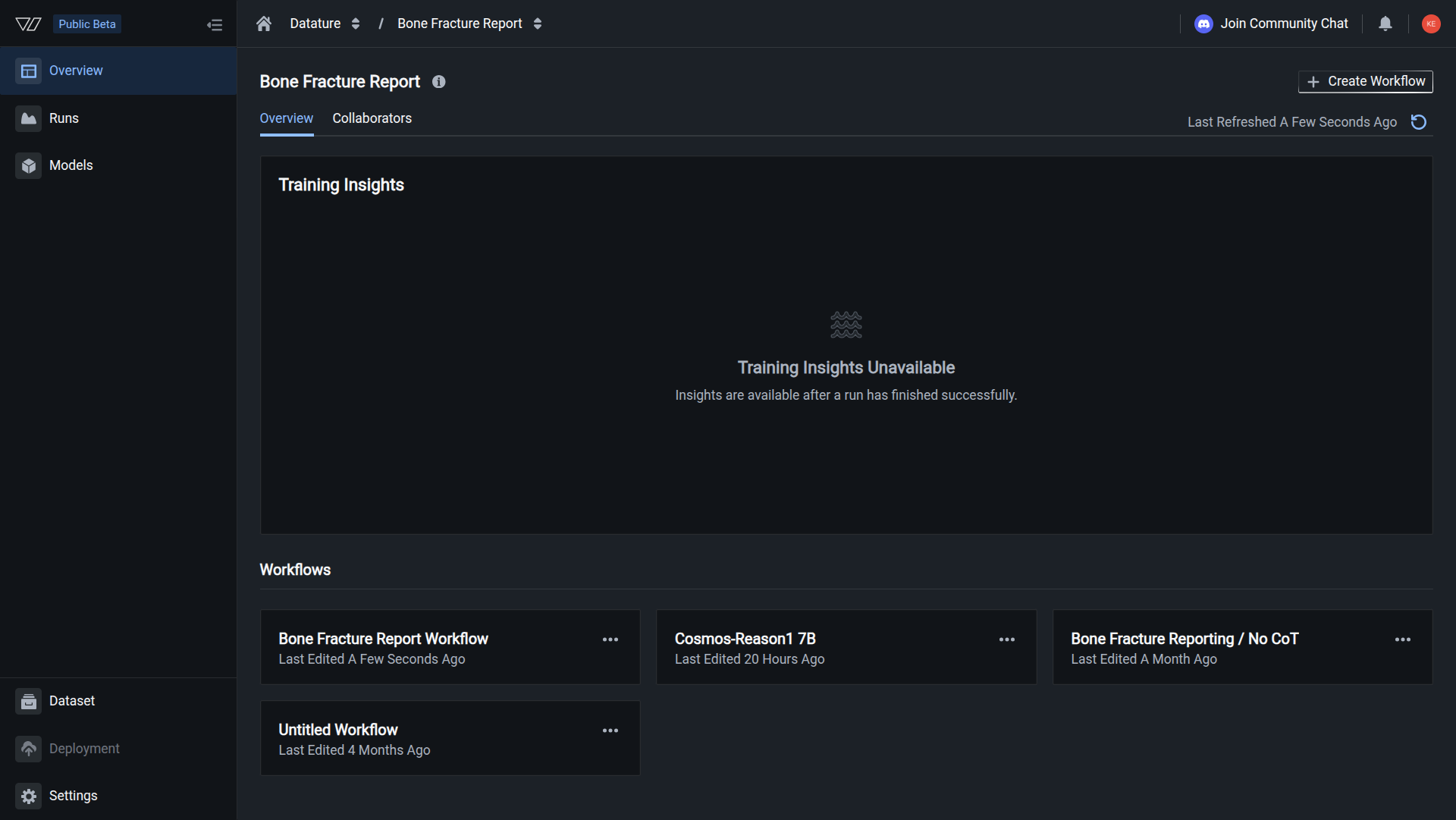 The workflow appears in your training project's Overview page under the Workflows section. You can now configure your workflow and launch a training run.