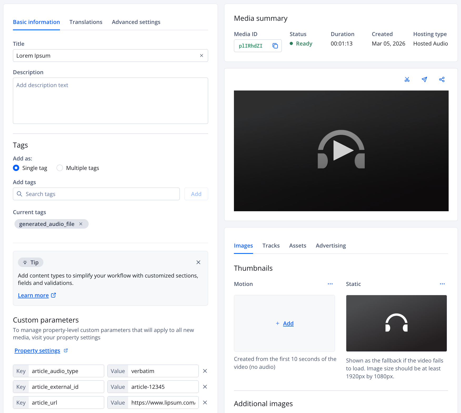 Media details page for a transformation