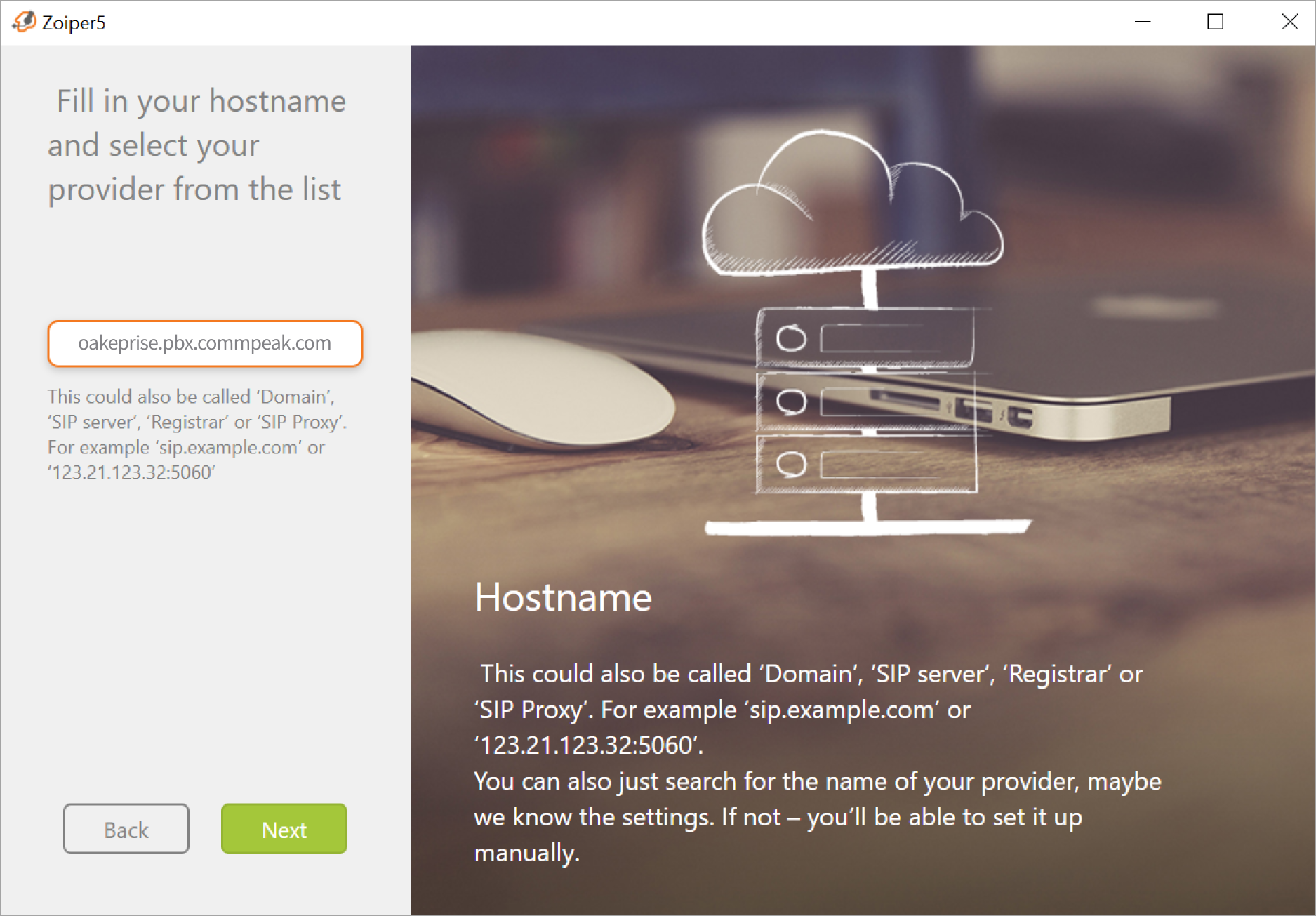 Screenshot of the Zoiper hostname screen