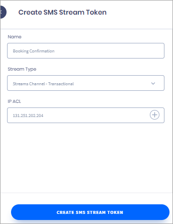 Screenshot of the **Create SMS Stream Token** button