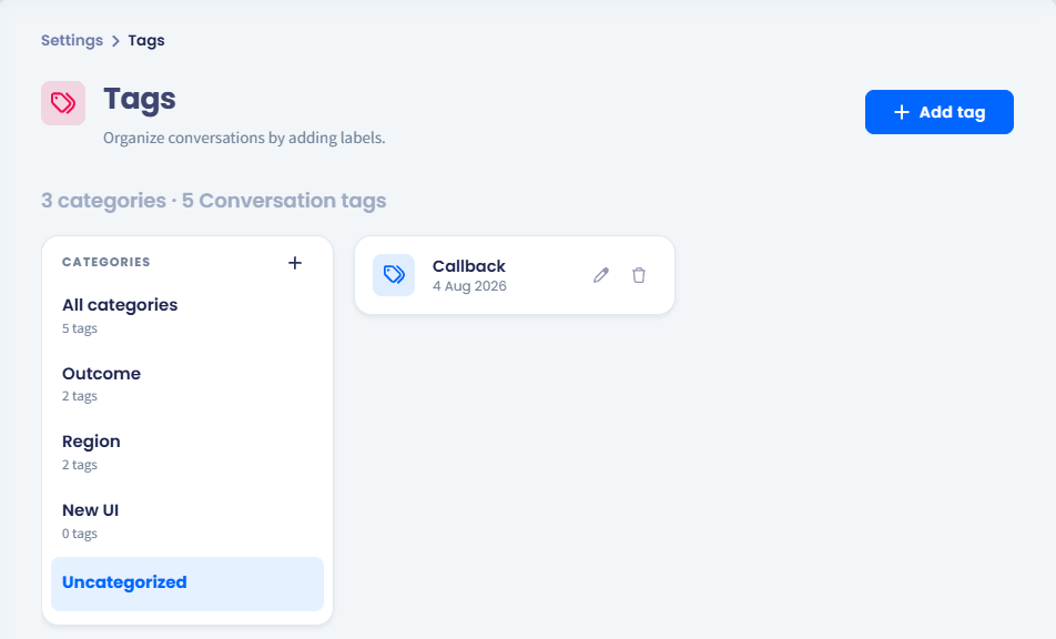 Screenshot of the Uncategorized category selected, showing the tags that have no category