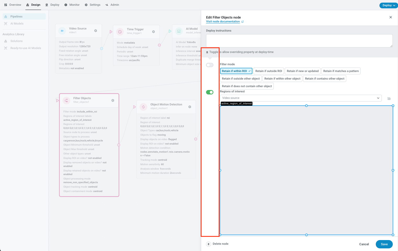 Node properties with "Toggle to allow overriding at deploy time" in red.