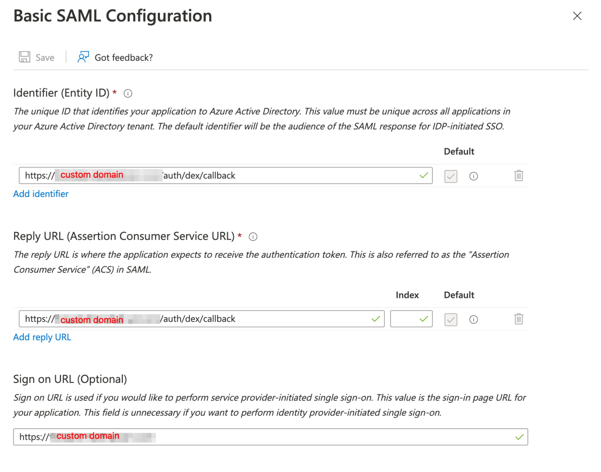 Example SAML configuration in Azure