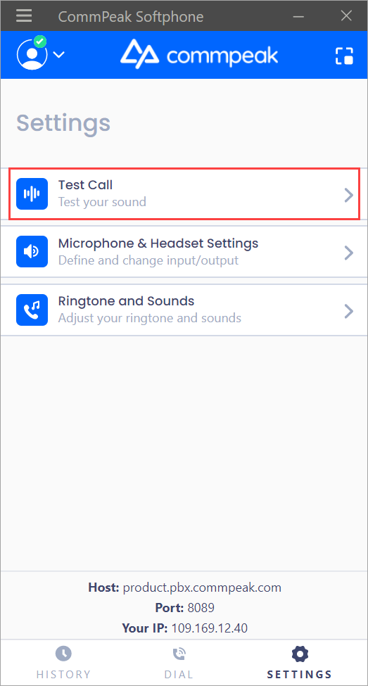 Screenshot of the **Test Call** option