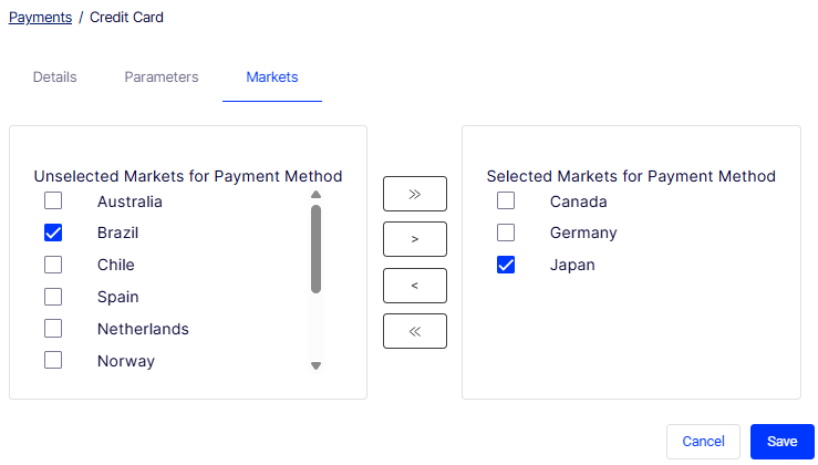 Markets tab on a payment record showing Unselected Markets and Selected Markets panels with transfer buttons