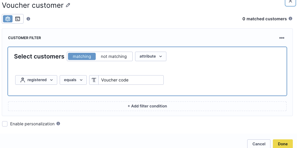 Condition node configured to filter for the voucher sample customer.