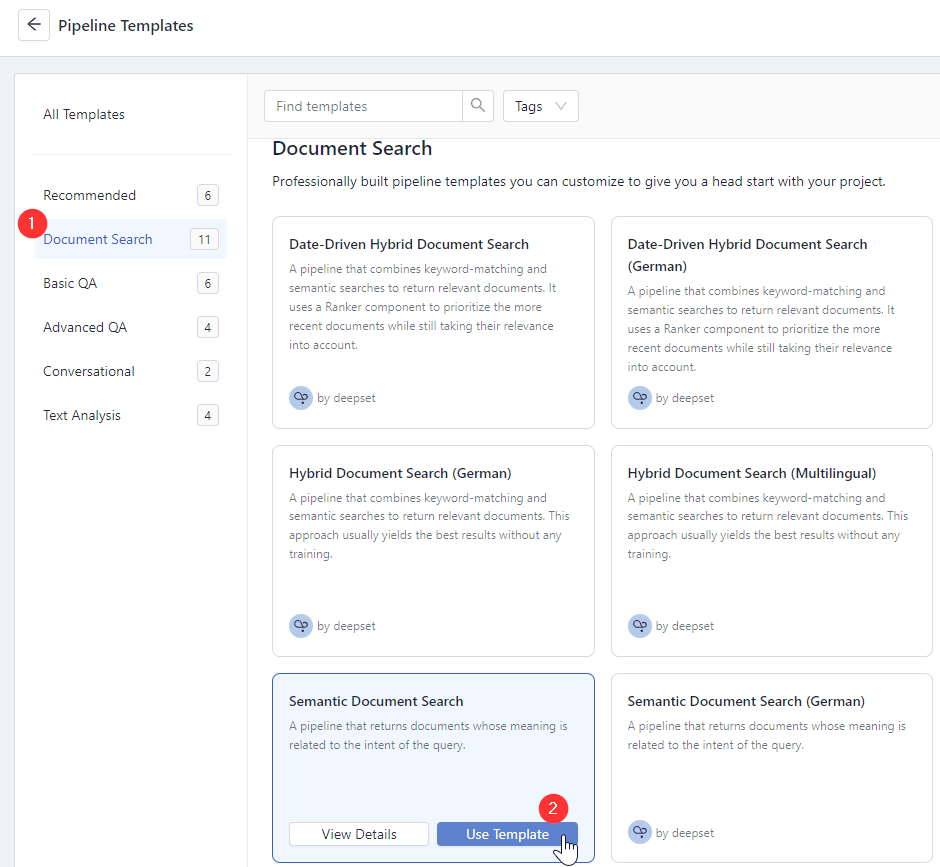 Screenshot displaying a section of 'Document Search' from a webpage offering pipeline templates for professional use. There are four templates listed, with two detailed descriptions visible: 'Date-Driven Hybrid Document Search' and 'Hybrid Document Search (German)', both described as pipelines that combine keyword-matching and semantic searches to return relevant documents. The sidebar on the left highlights 'Document Search' with a red notification bubble indicating '11'. Each template listing has options to 'View Details' or 'Use Template', and the latter is accompanied by a red notification bubble with the number '2'. The page features a clean interface with a color scheme of gray, red, and blue elements.