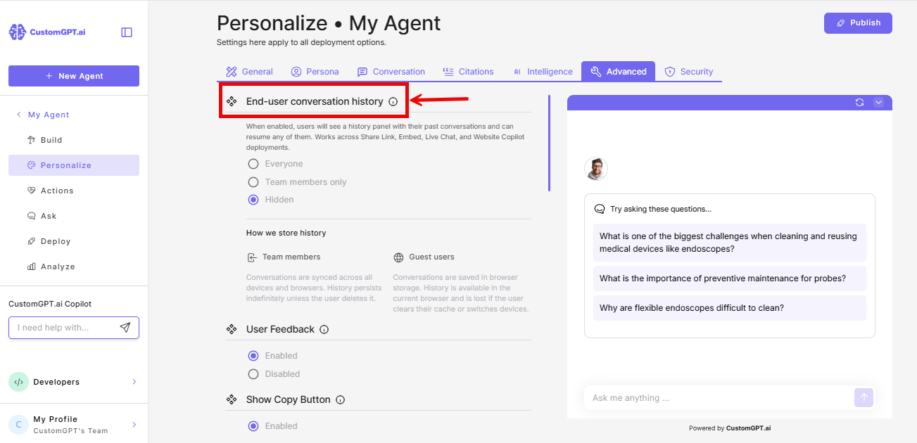 End-user conversation history field in the Advanced tab