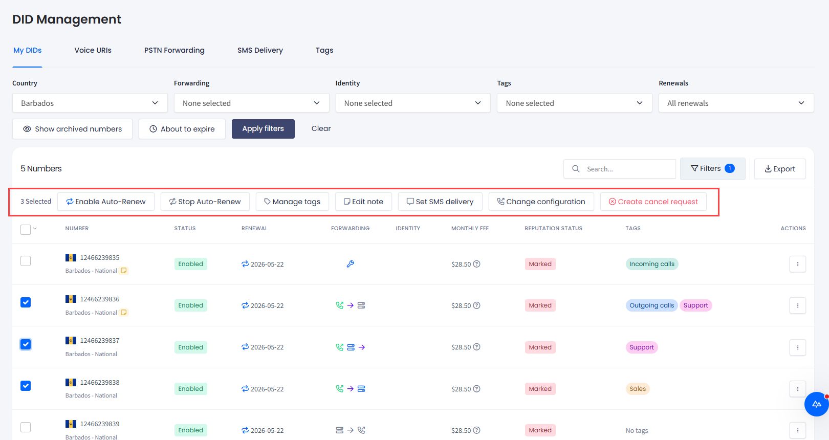 Screenshot of the multiple selection actions