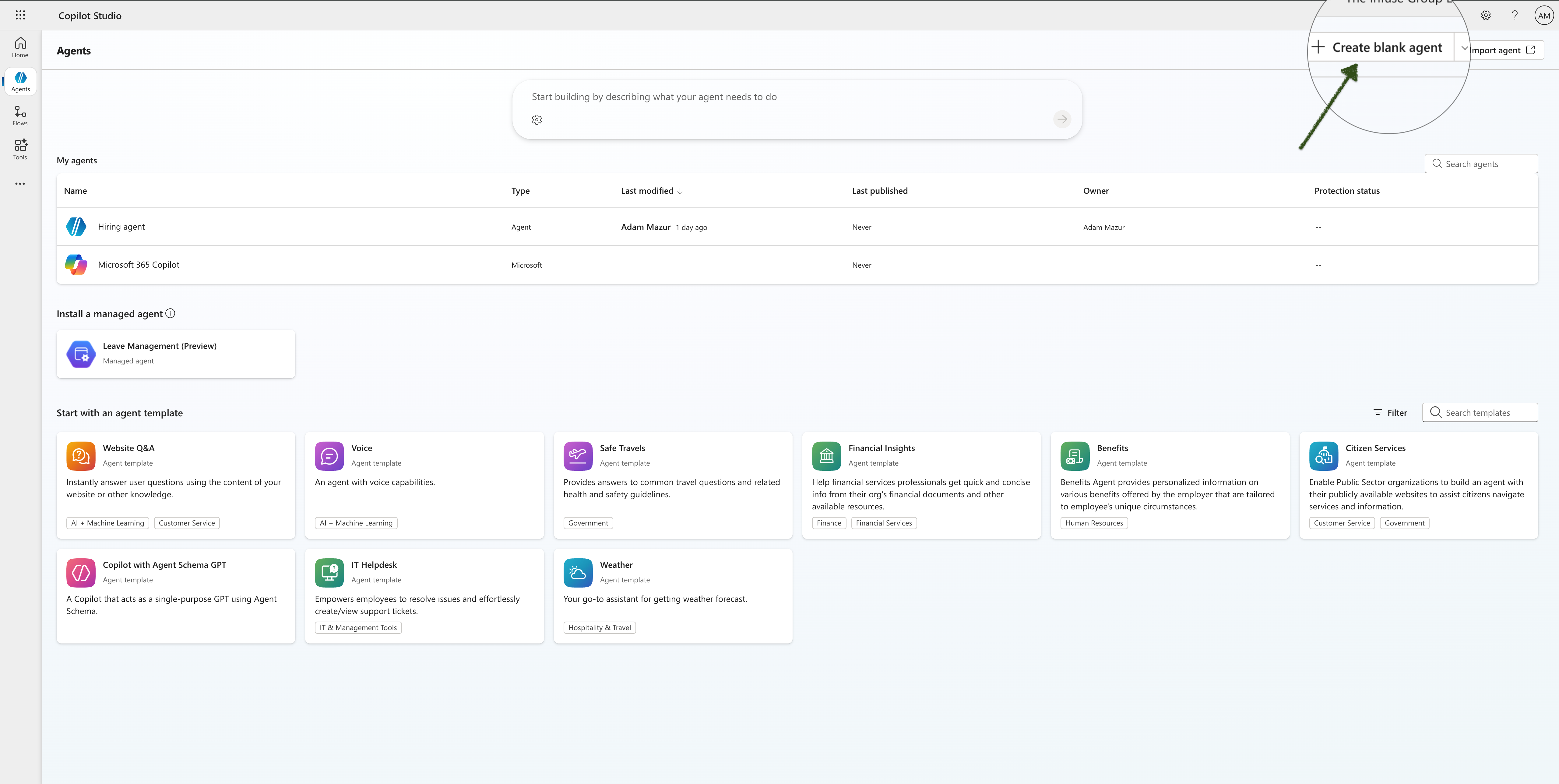 Step 1 – Agents page with Create blank agent highlighted