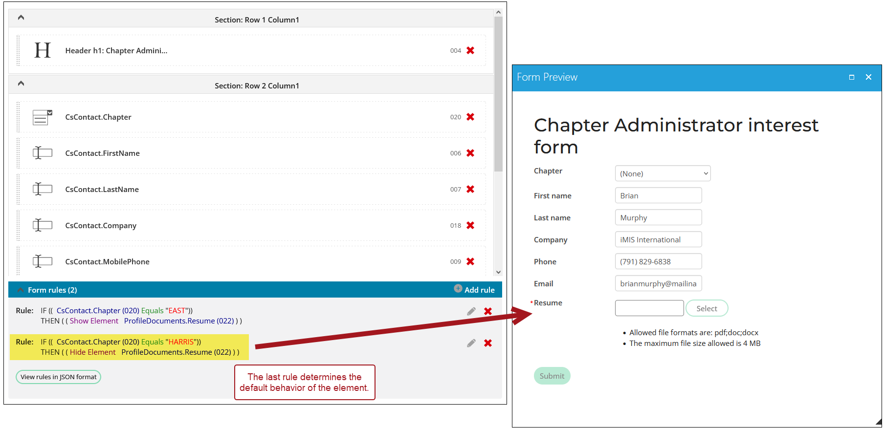 Viewing the resume element that is shown by default