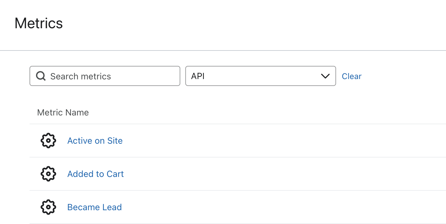 Metrics tab with the filter set to show only API generated metric
