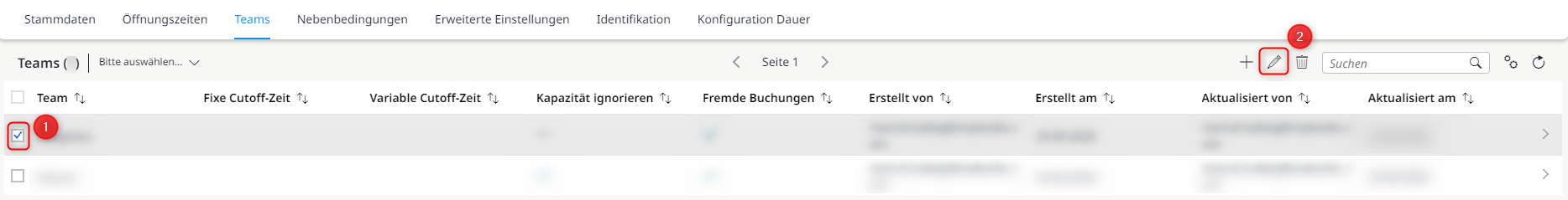 Auswahl des jeweiligen Teams zur Bearbeitung
