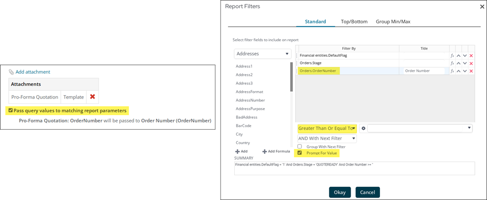 Pass query values to matching report parameters in a communication template matching the report filters.