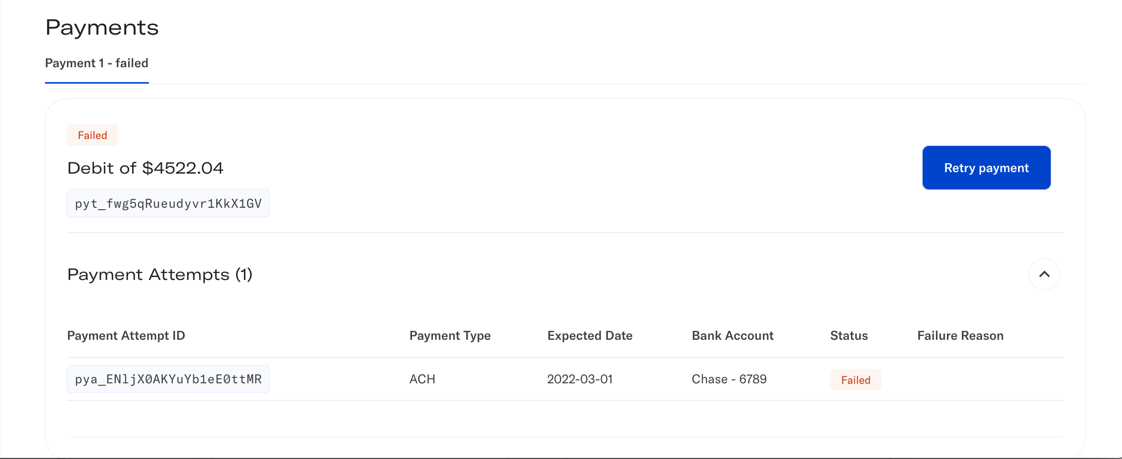 Console view of a failed Payment with the Retry button enabled