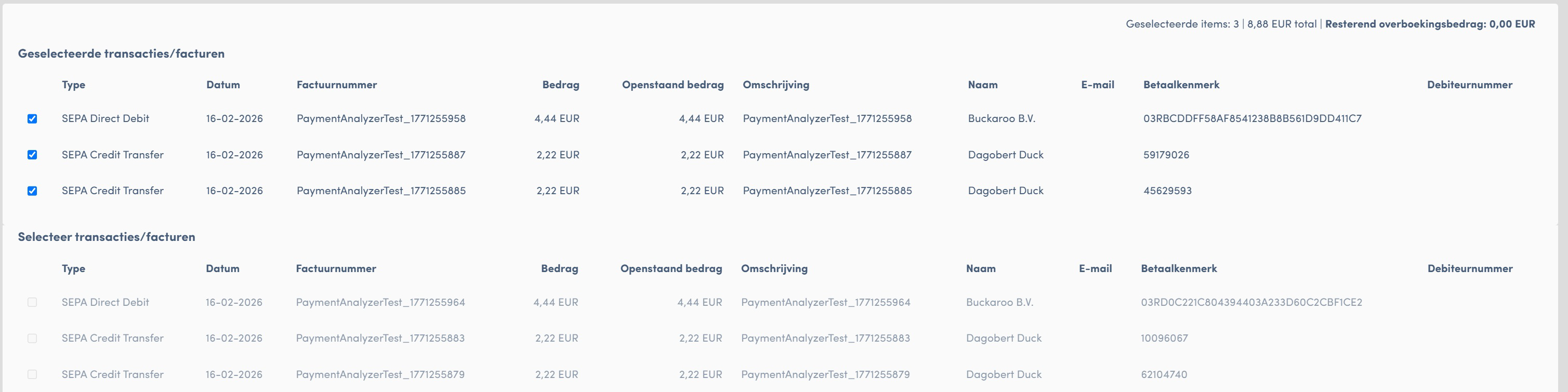 Selectielimiet bereikt, resterend overboekingsbedrag toont 0,00 EUR