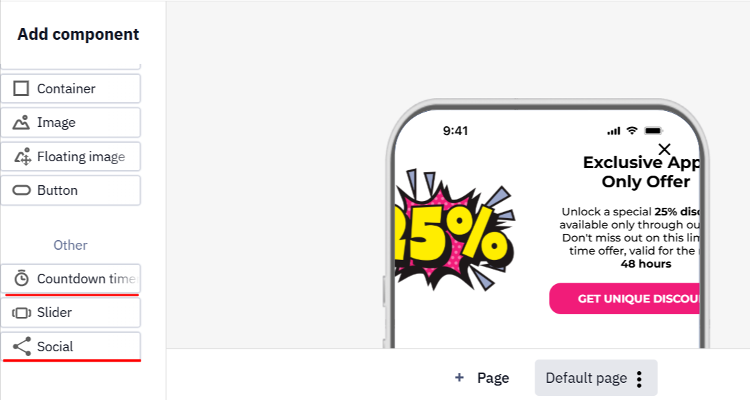 The new components in the In-App editor's left panel