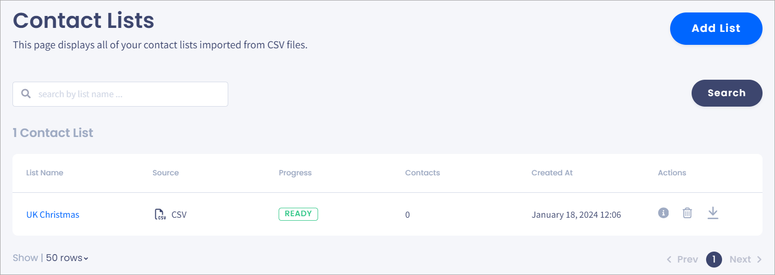 Screenshot of the **Contact Lists** page with the imported list