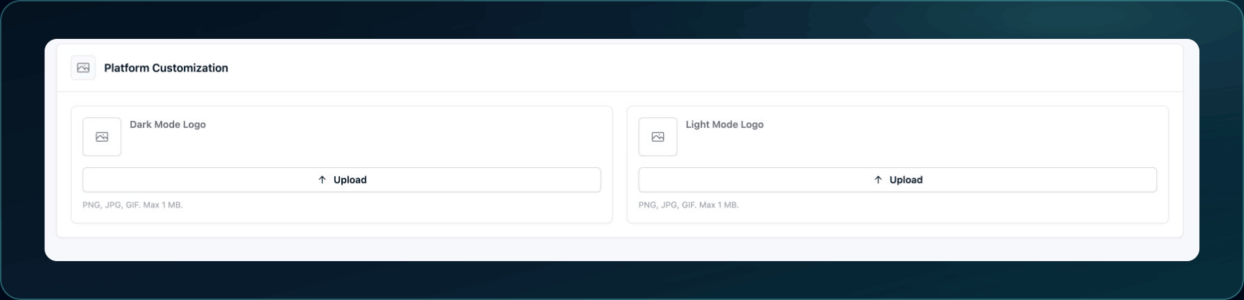 Platform Customization settings showing Dark Mode Logo and Light Mode Logo upload controls.