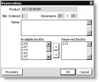From Exposition, select Manage prospect lists, select an exposition, click Load Prospect List, click Exhibitor Sales, click Reserve Booths, select a product, and click Reserve Item