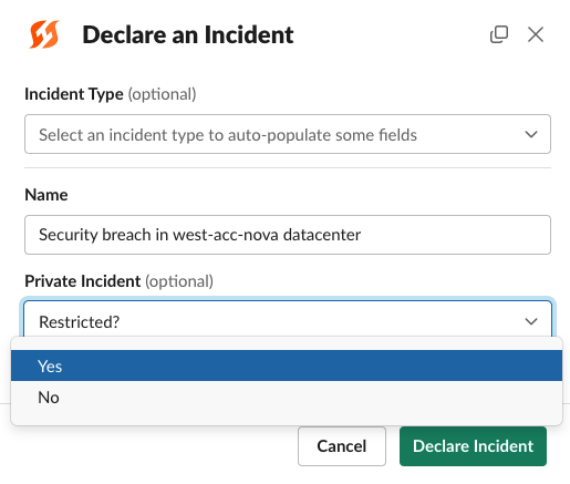 Private Incident setting for Slack declaration modal