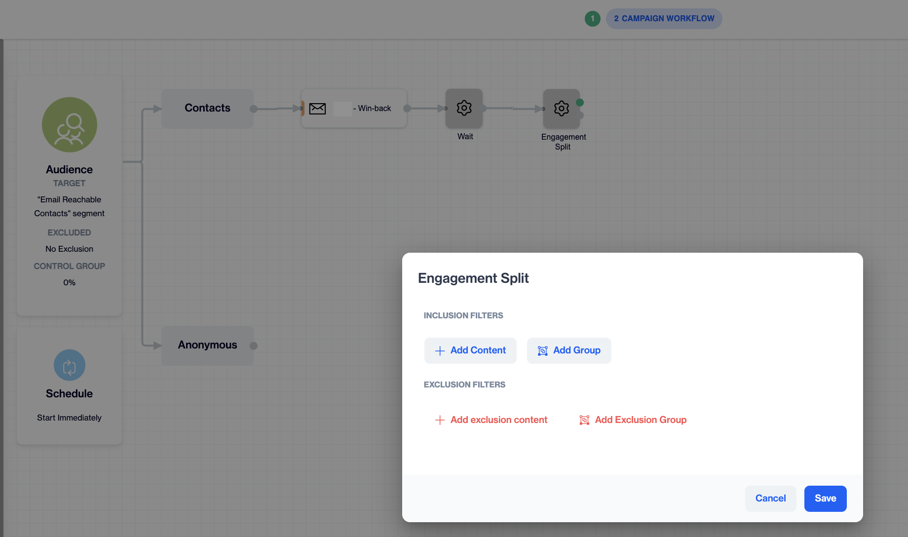 Empty Engagement Split modal with the Inclusion Filters section, the Add Content and Add Group buttons, the Exclusion Filters section, and the Cancel and Save buttons.