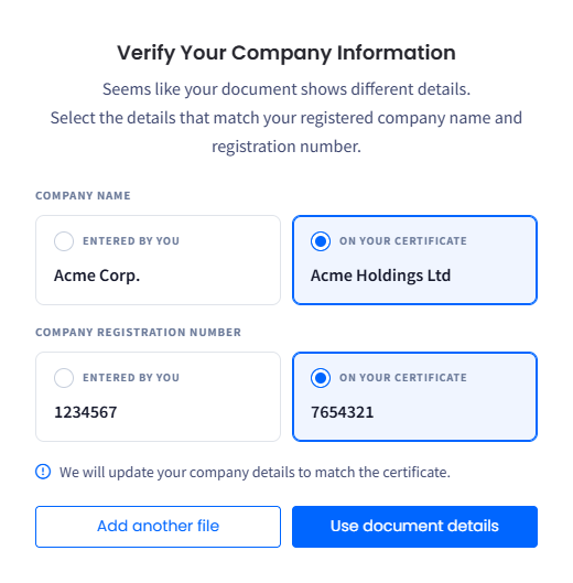 Screenshot of the Verify Your Company Information pop-up window comparing the entered company details with the certificate