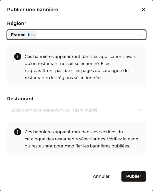 Modale Publier une bannière avec les champs Région et Restaurant
