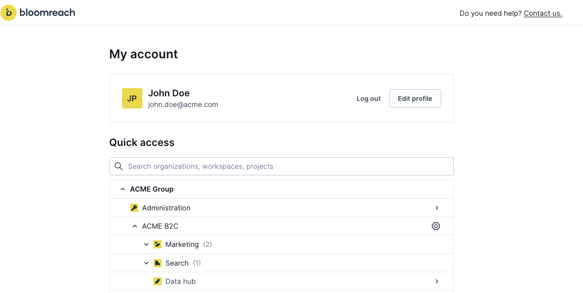 User account navigation menu showing multiple products with workspace options including marketing projects, search accounts, data hub instances, and conversational agent access