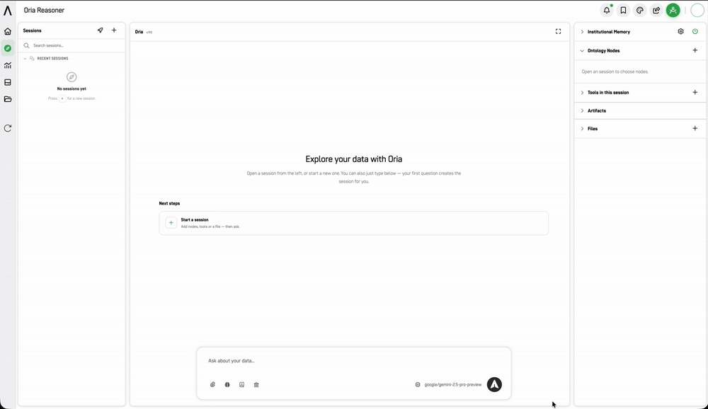 Screenshot: New session with Add knowledge nodes / Add tools / Attach a file