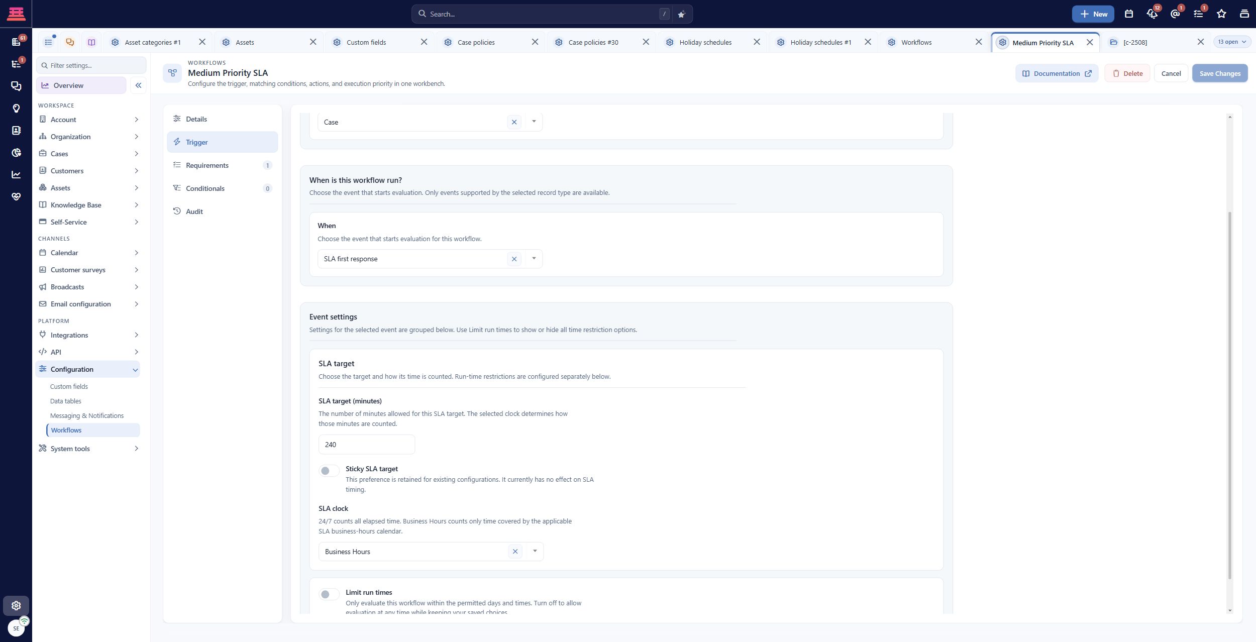 Saved SLA first-response target: 240 minutes on Business Hours. This is a demo example, not the 120-minute illustration.