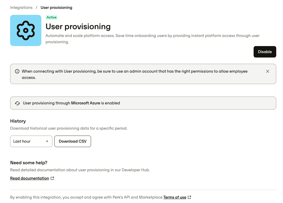 The enabled User Provisioning page showing options to download sync history, automate approval processes (IdP only), and disable the integration.