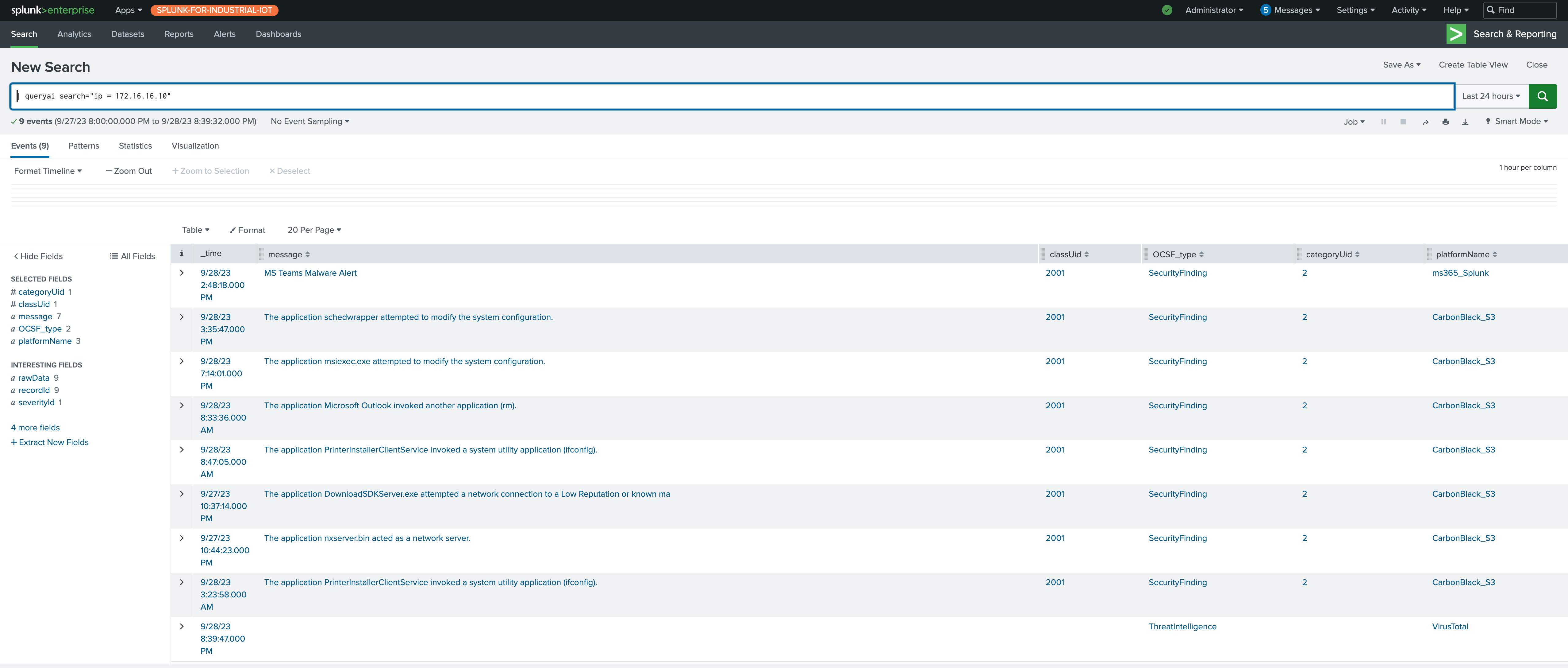 Screenshot of Splunk app search results