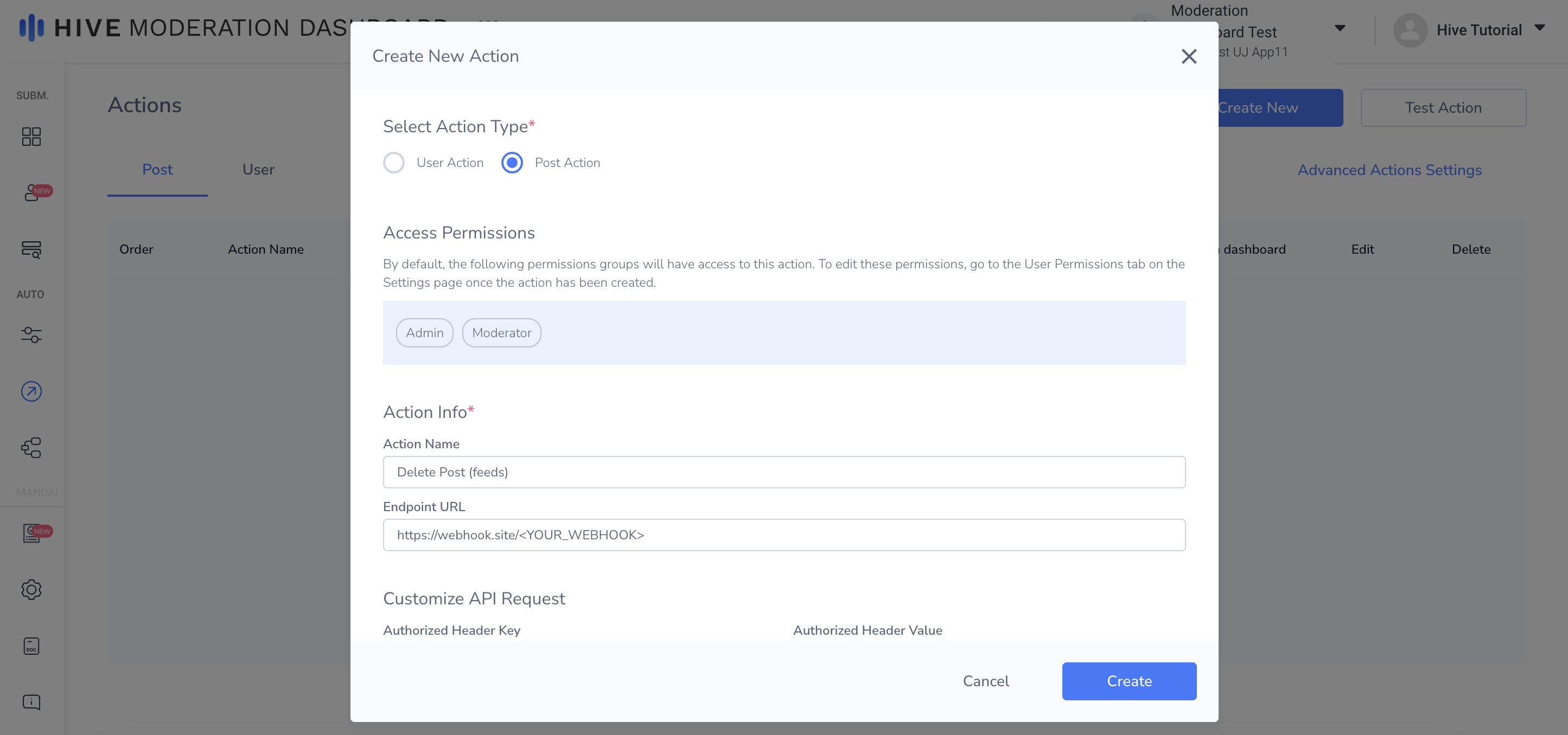Create Action Pop-Up