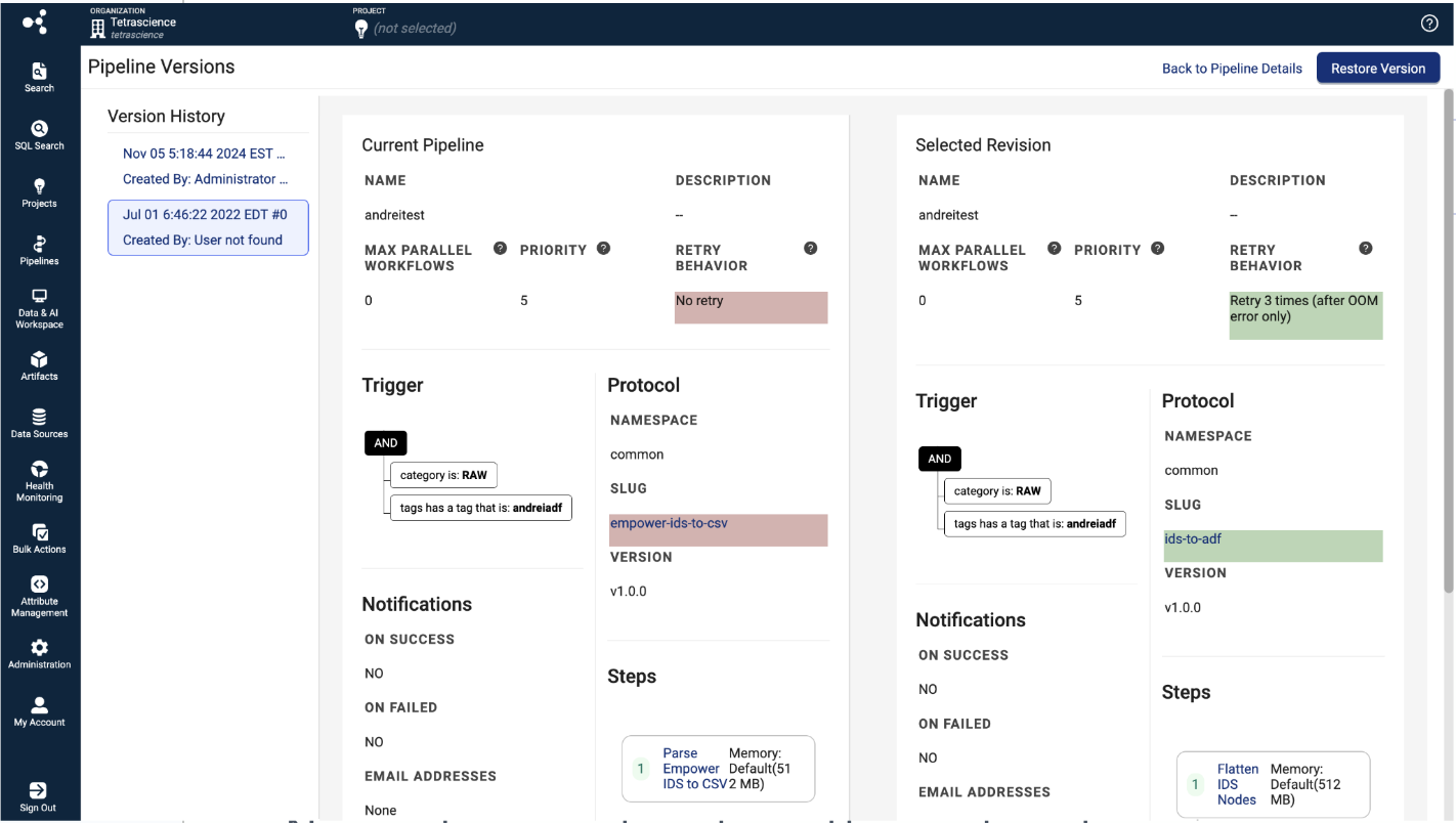 Pipeline Versions page