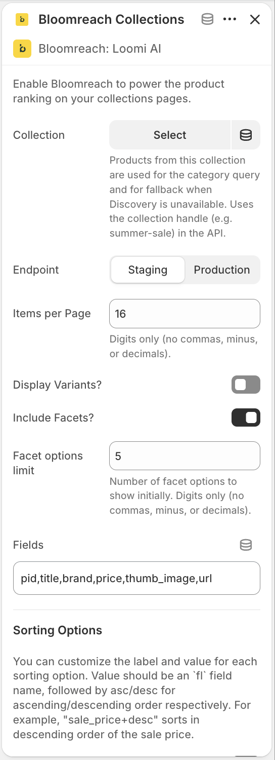 Loomi AI for Shopify Collections settings.
