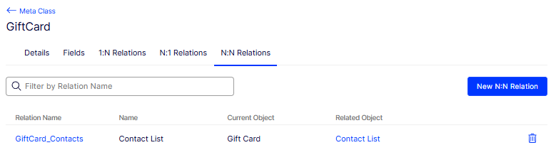 Meta Class detail page with the New N:N Relation action